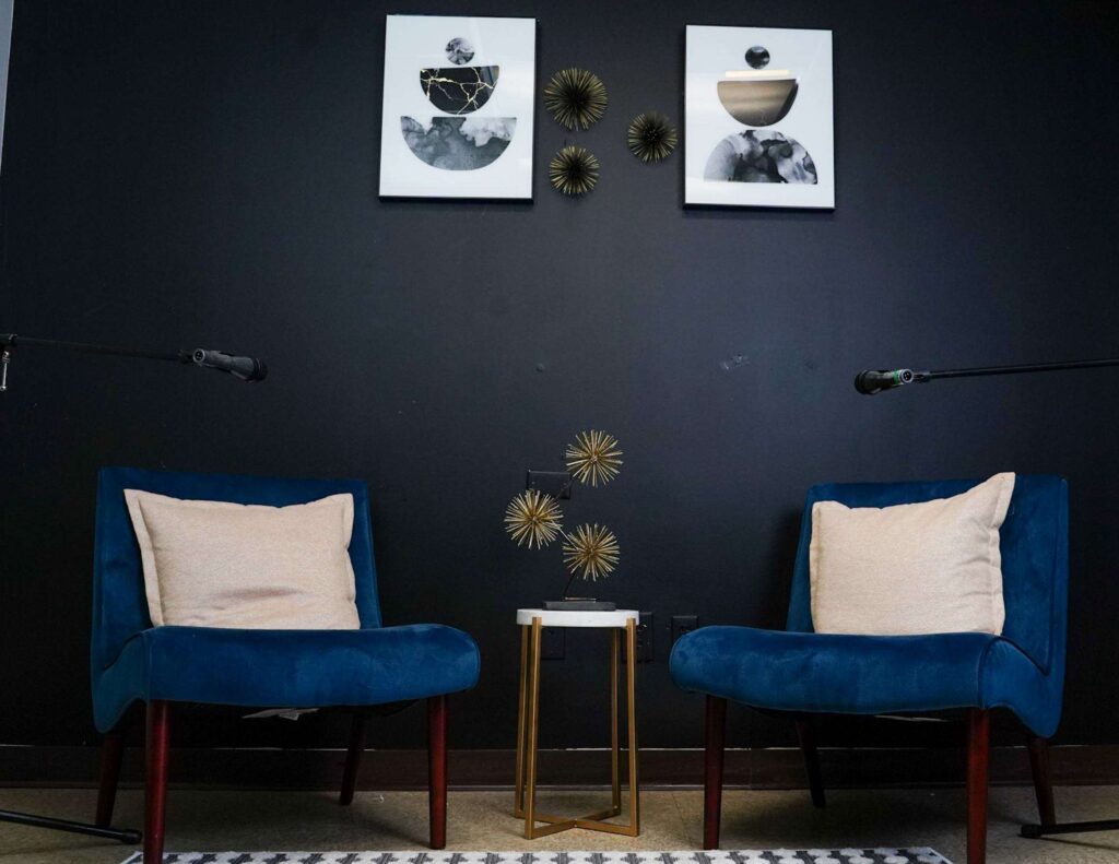 black podcast room for production