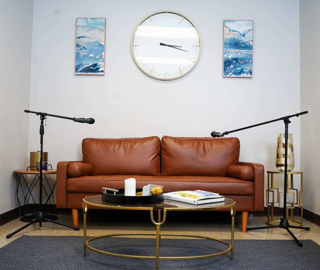 blue podcast room for production